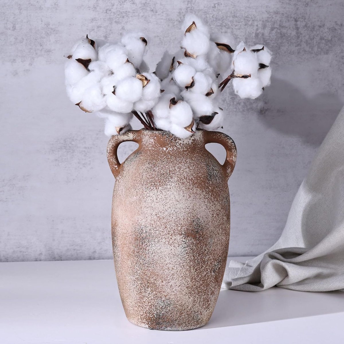 Rustic Farmhouse Ceramic Vase Brown with 2 Handles, Terracotta Vase Brown, Decorative Pots Flower Vase for Home - ShopVlot
