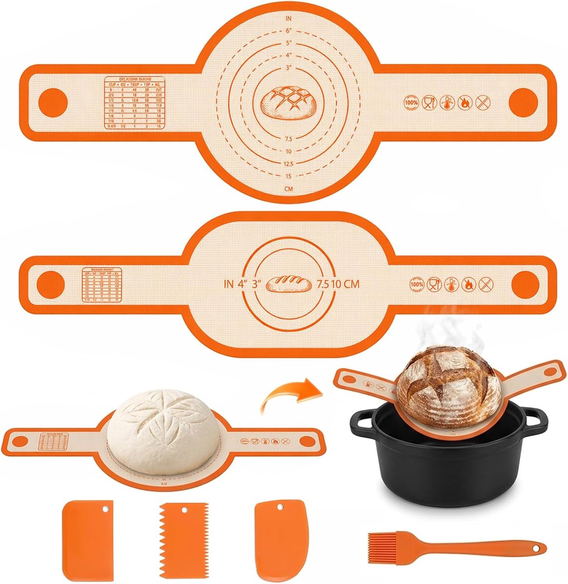 Broodbakmatset van 3, siliconen bakmatset voor Dutch Oven met lange handgrepen, herbruikbare broodbakmat met 3 - ShopVlot