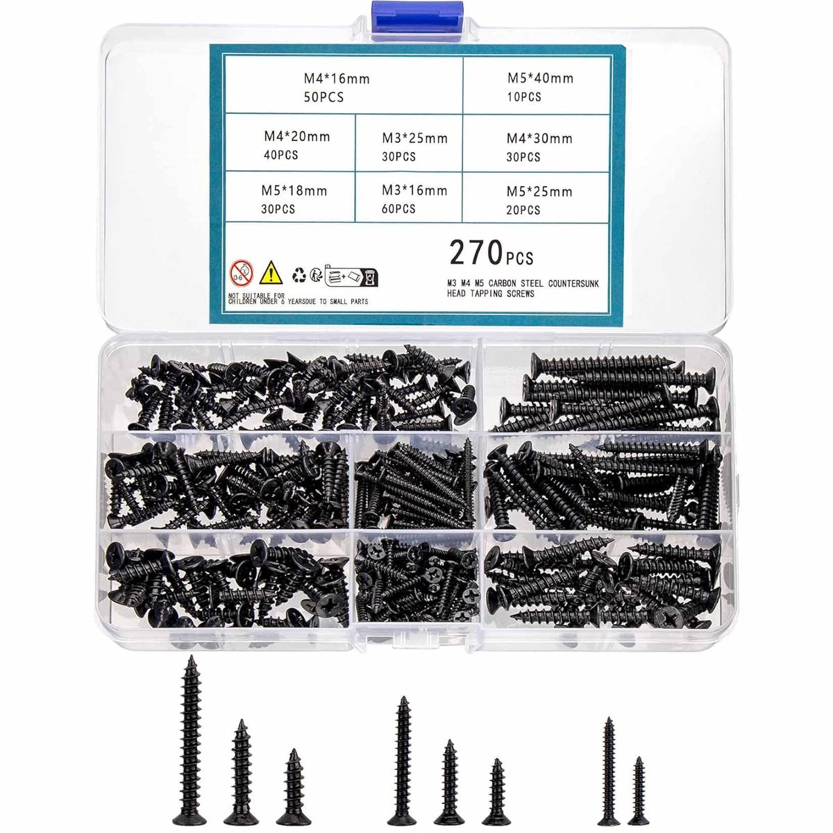 270Pcs Self Tapping Screws Set, M3 M4 M5 Black Phillips Head Screws, Flat Head Sheet Metal Screws, Wood Screws, Self - ShopVlot