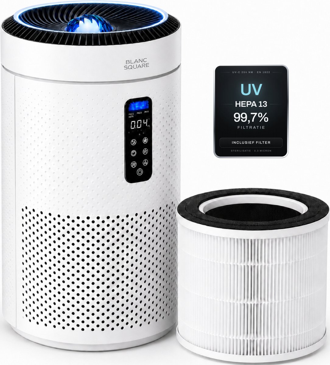 Bol.com BLANC SQUARE Luchtreiniger Air Purifier PRO XL - UV Desinfectie HEPA 13 + Koolstoffilter - CADR 400m³/h 100m² - Filtert ... aanbieding