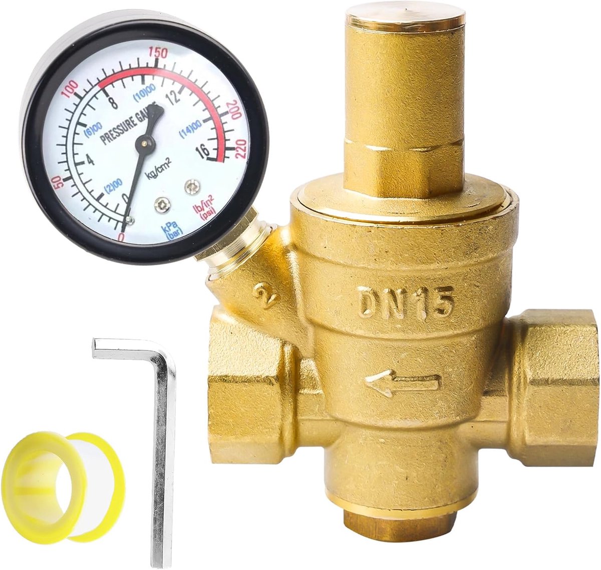 Drukregelaar water 1/2 inch DN15 - messing met manometer - instelbare druk tot 1,6 MPa - ideaal voor drinkwater - ShopVlot