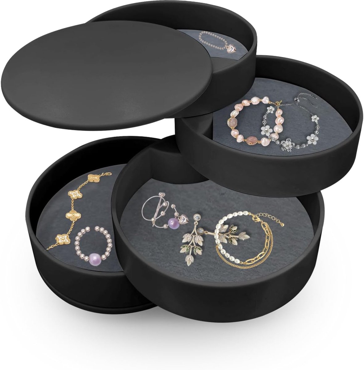 Sieradenopbergdoos rond 4-laags - draaibaar - zwart - ideaal voor ringen en oorbellen - ShopVlot
