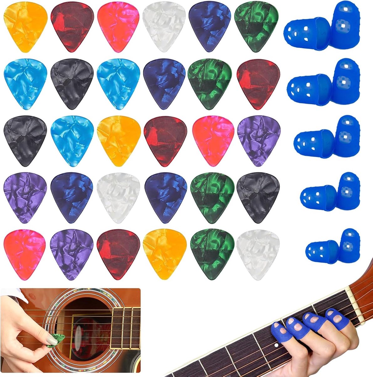 Guitar picks 30 stuks - 0.75 mm celluloid - 10 vingertopbeschermers - perfect voor gitaar en ukulele - ShopVlot