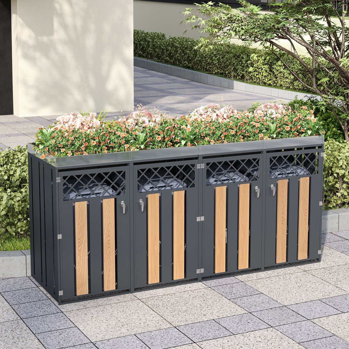 REDOM - Mülltonnenbox met plantenbak - 4 vakken en ventilatieopeningen - afsluitbaar - industriële stijl - buiten - metaal - grijs en hout - 132 x 80 x 124,5 cm