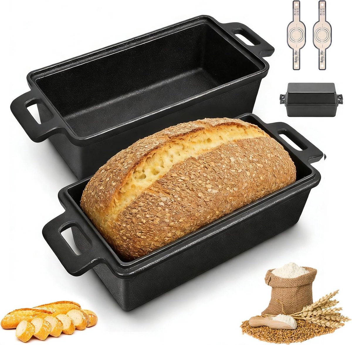 Broodpan met deksel 56x15 cm - gietijzer - met 2 siliconen anti-aanbakmatten - ideaal voor zuurdesembrood - ShopVlot