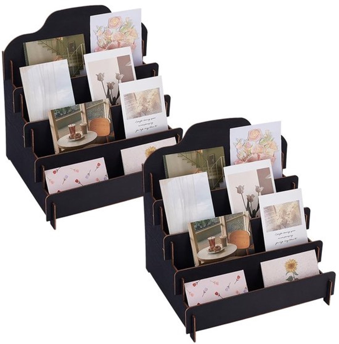 2-Persoons Houten Wenskaart Display Stand - Zwart Organizer voor Ansichtkaarten