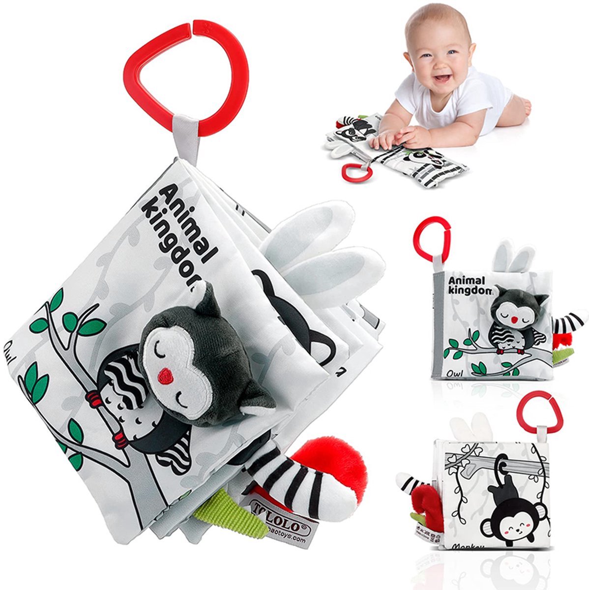 Casalora Buggyboekje - Knisperboekje Baby - Uil - Baby Boekje - Activiteitenboekje Stof - Dieren met Staarten