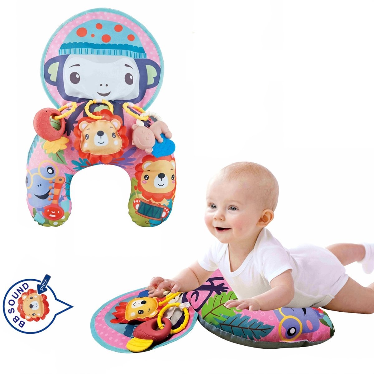 Casalora - U-vormig baby-buikkussen om te leren buikliggen en te oefenen - Babykussen - Geschikt voor baby's van 6-12 maanden - Speelgoed voor vroege educatie - Versterk de zintuigen van de baby - Interactief speelgoed - Rammelaar - Aap-stijl