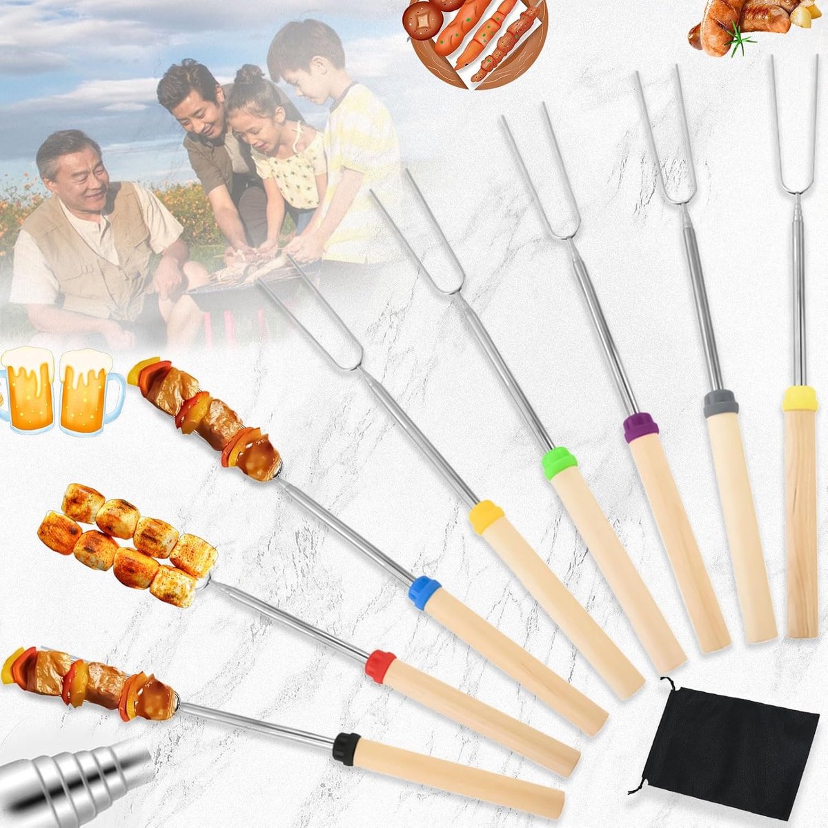 SnelShoppen - 8 Stuks Telescopische Grillborstels voor Barbecue, Verstelbare Lengte 31-81cm, RVS Spiezen met Houten Handvat, Ideaal voor Tuin, Feest,