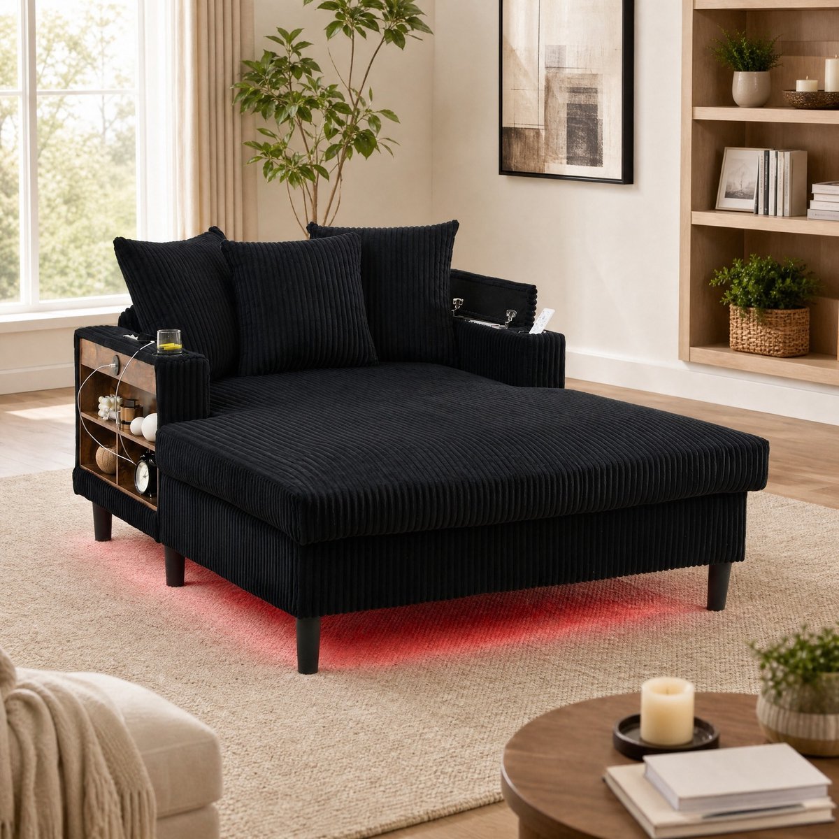 DESMIU Chaise Longue 1-Zits - Met LED-Verlichting, USB-Oplaadpoort, Bekerhouders, Zijtas En Opbergruimte - Voor Woonkamer En Balkon - Ribstof - Zwart