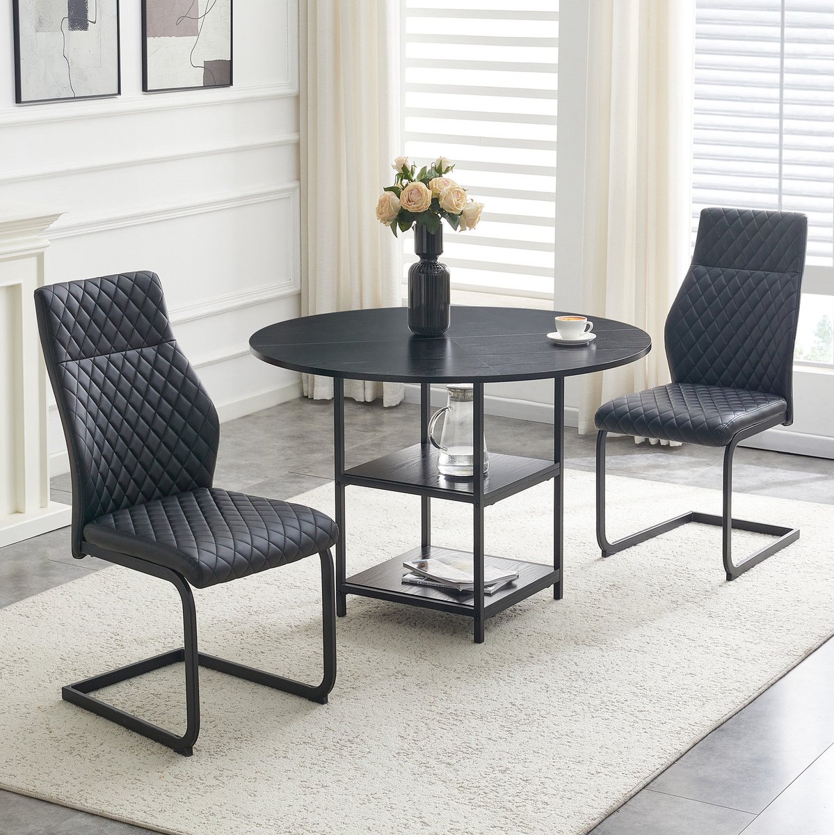 COVREO Eettafelset 107 cm zwart, MDF en metaal met 2 stoelen en opberglagen