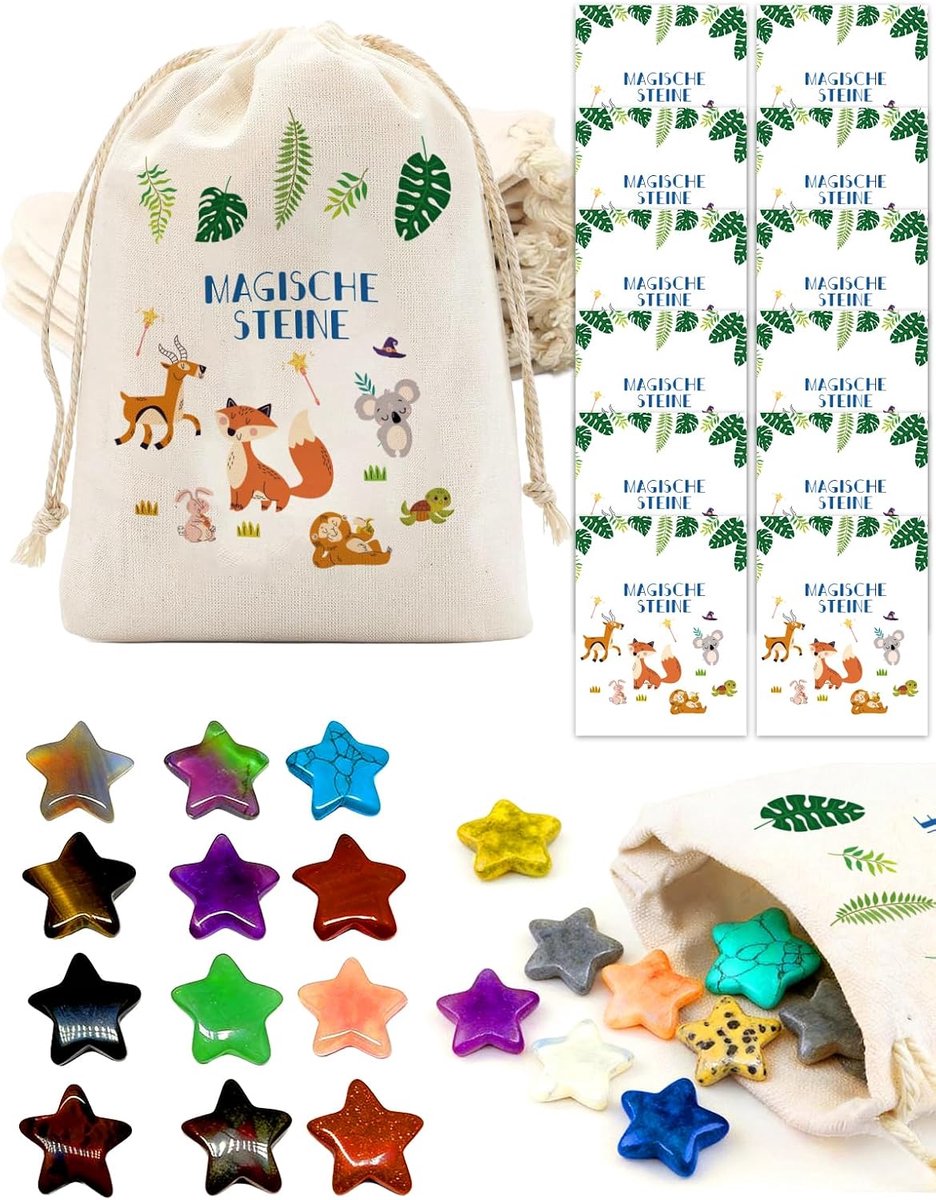 Set van 12 geluksstenen voor kinderen - stervormig - met jute zakje - perfect voor verjaardagsfeestjes - ShopVlot