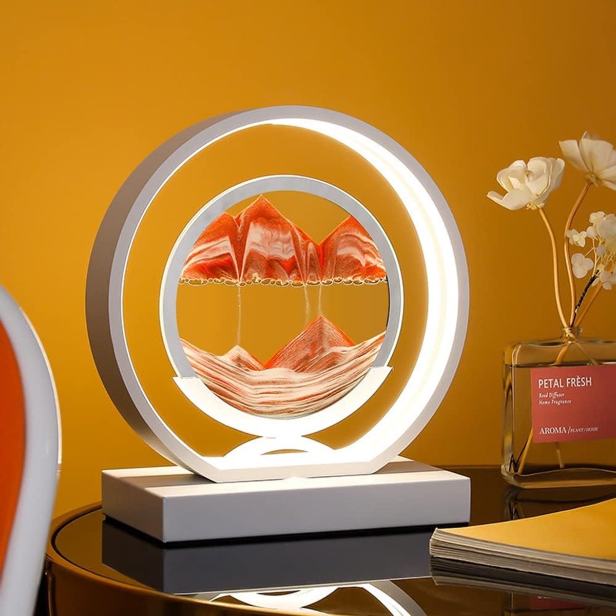 Zandloper nachtlamp - rond glas - dynamische verlichting - sfeervolle slaapkamerdecoratie - ShopVlot