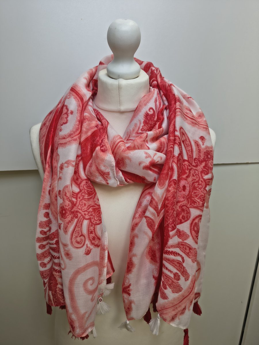 Lange dames sjaal Hanne-paisleymotief-licht rood wit