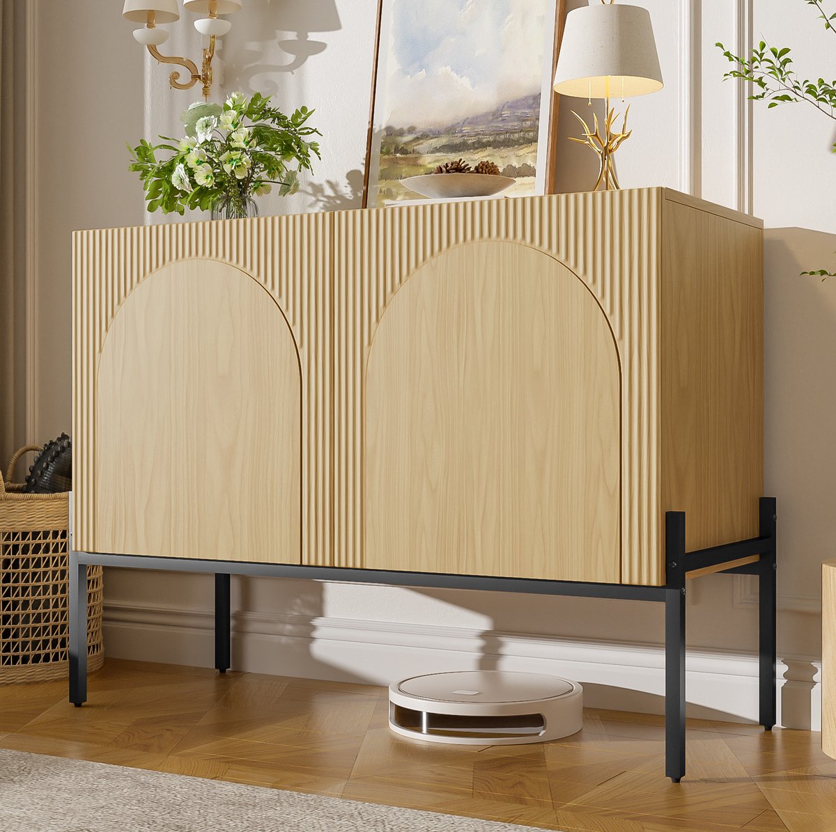 DESMIU Dressoir Modern Minimalistisch Met 2 Deuren En Metalen Poten Voor Woonkamer En Eetkamer Spaanplaat Naturel 100x40x75 Cm