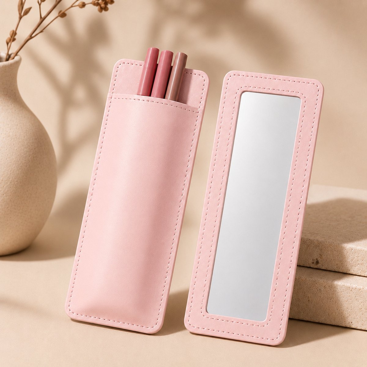 Zirkle Luxe Lippenstift Etui met Spiegel – Draagbare PU-Leren Make-up Organizer voor Lippenstift, Lipgloss, Lipliner, Lippenbalsem & Make-uppotloden – Compact Beauty Etui voor Handtas en Reizen – 16 x 6,5 cm - Roze