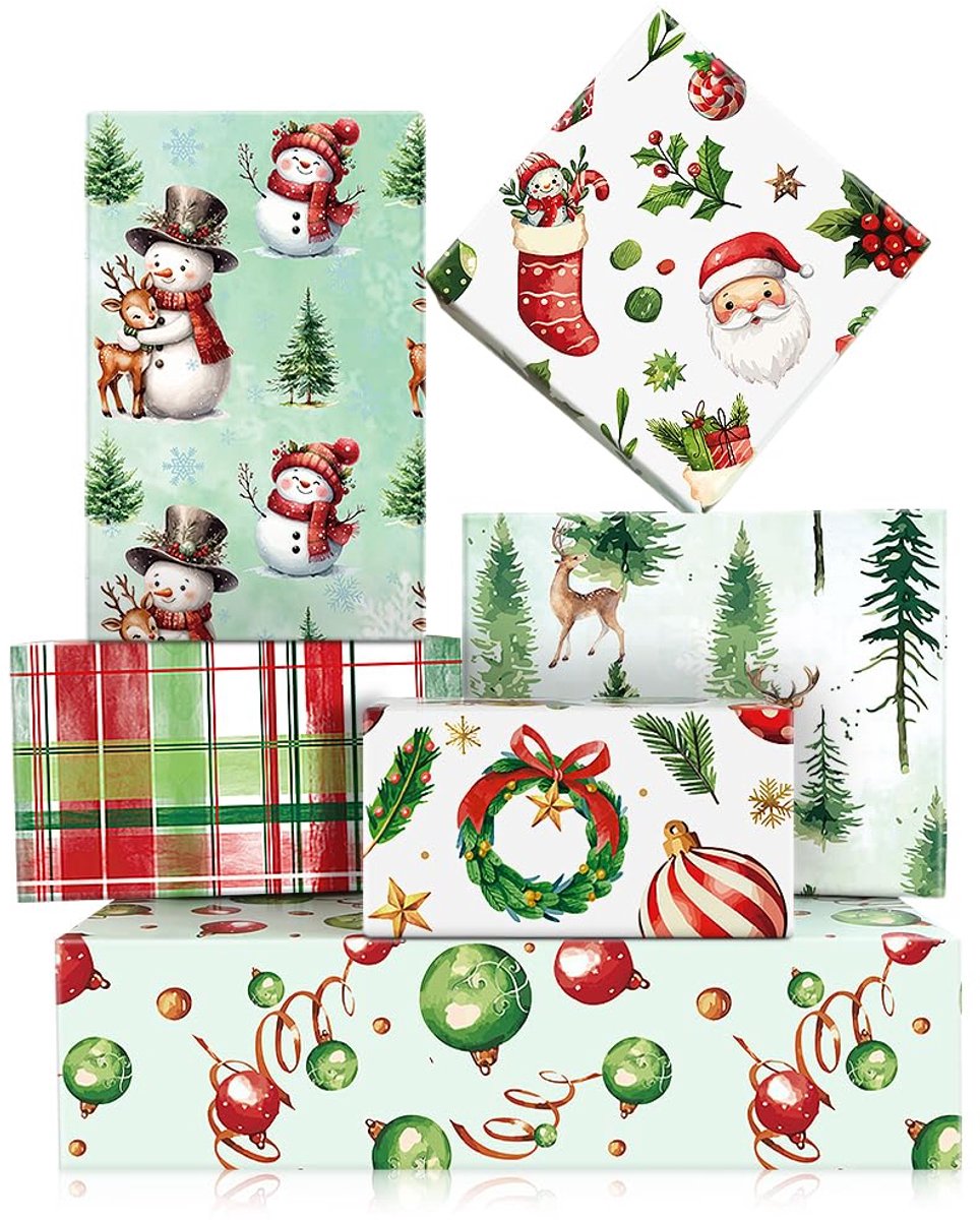 Kerstinpakpapier 6 vellen 40 x 60 cm - gevouwen kunstpapier - kerstman, sneeuwpop en rendier - ShopVlot