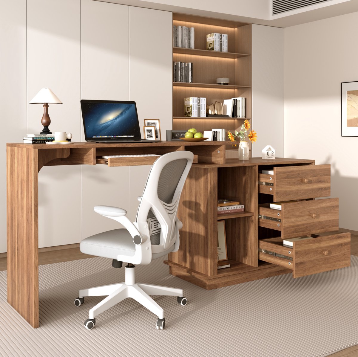 OKWISH Bureau - Uitschuifbaar Computerbureau Met Toetsenbordlade - 3 Laden En Open Vakken Voor Thuiskantoor - MDF Walnootkleur - 110x40x75,5 cm