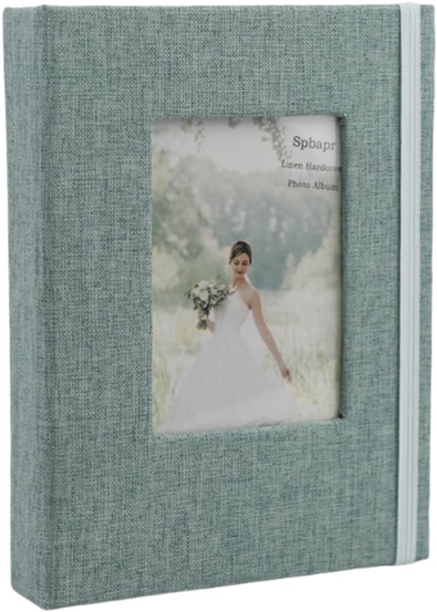 Mini-fotoalbum 26 vakken - linnen groen - transparant venster - voor herinneringen - ShopVlot