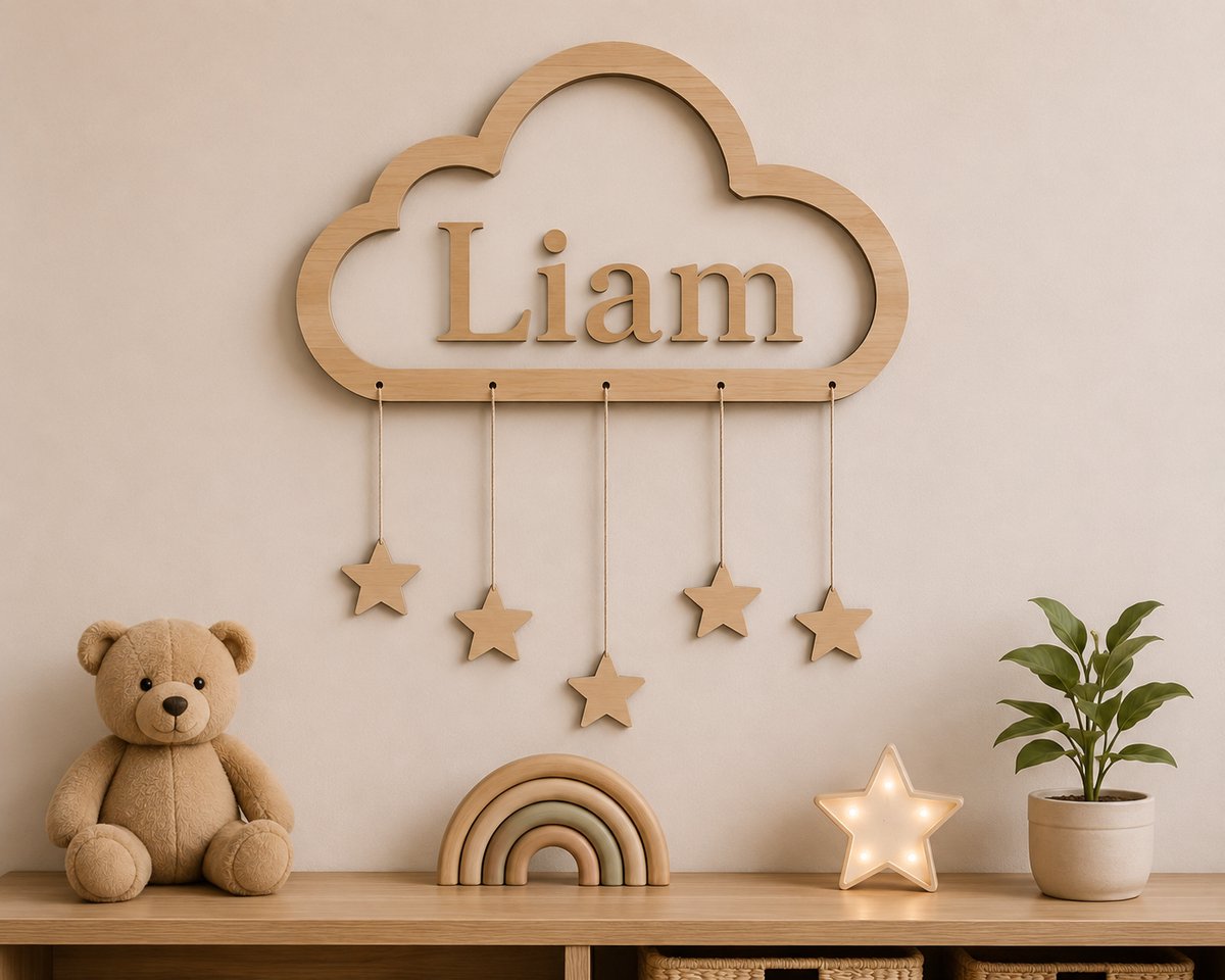Gepersonaliseerde Houten Wolk met Naam – Kinderkamer Wanddecoratie – Babykamer Decoratie – Houten Naam Wolk met Sterren – Boho Wanddecoratie – 55 × 40 cm