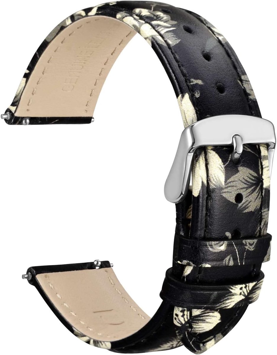 Horlogeband 22mm - Leer met bloemenpatroon - RVS sluiting - Comfortabele pasvorm - ShopVlot