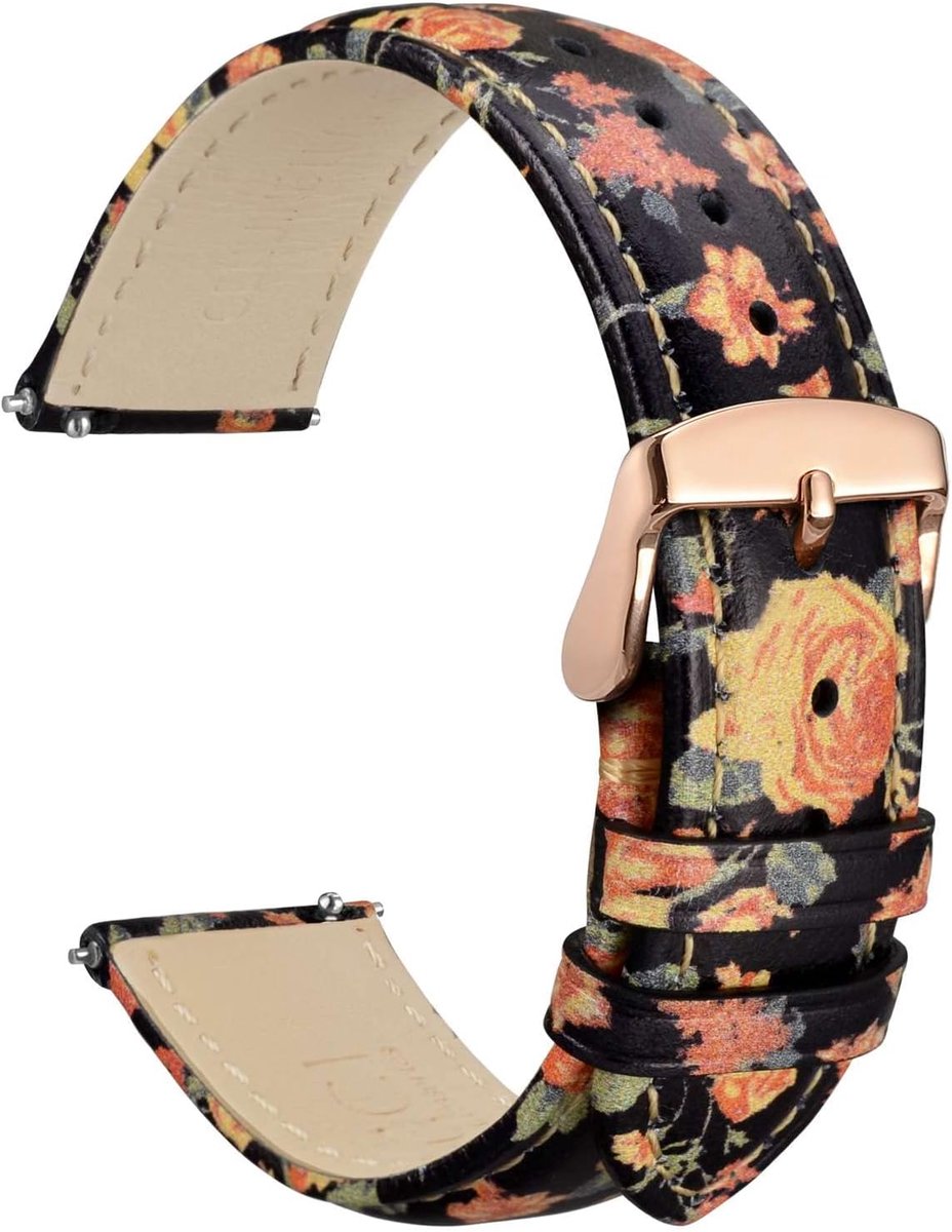 Horlogeband 20mm - Leer met Snelsluiting - Rood Gele Rozen - Stijlvolle Accessoire - ShopVlot