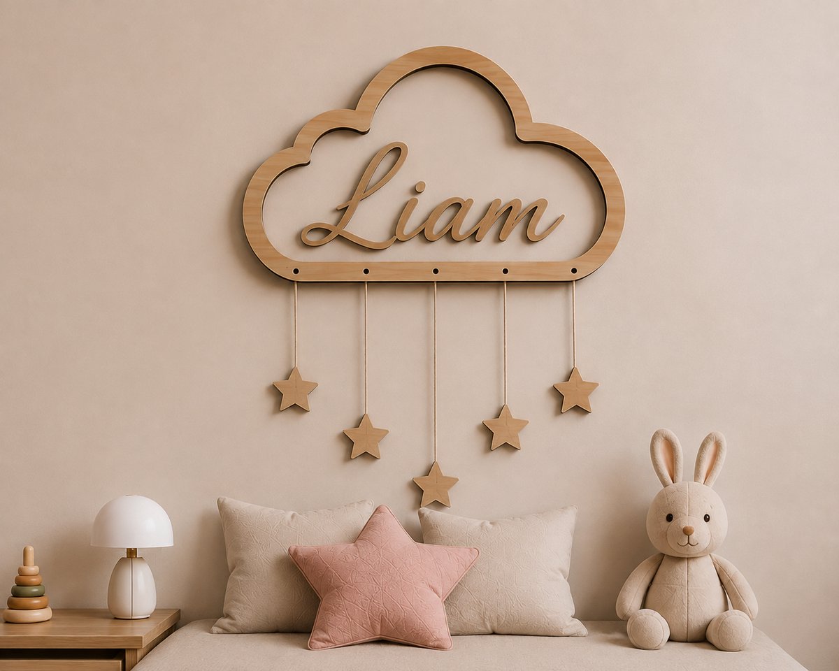Gepersonaliseerd Houten Wolk Naambord met Sterren – Kinderkamer Wanddecoratie – Houten Naamplaatje voor Baby- en Kinderkamer – Boho Wanddecoratie – Naturel Hout