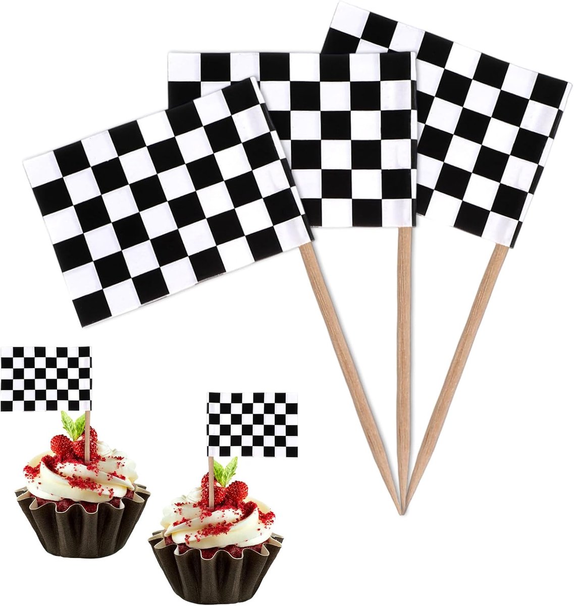 Racing vlaggen tandenstokers - zwart-wit - 100 stuks - voor feestelijke decoratie - ShopVlot