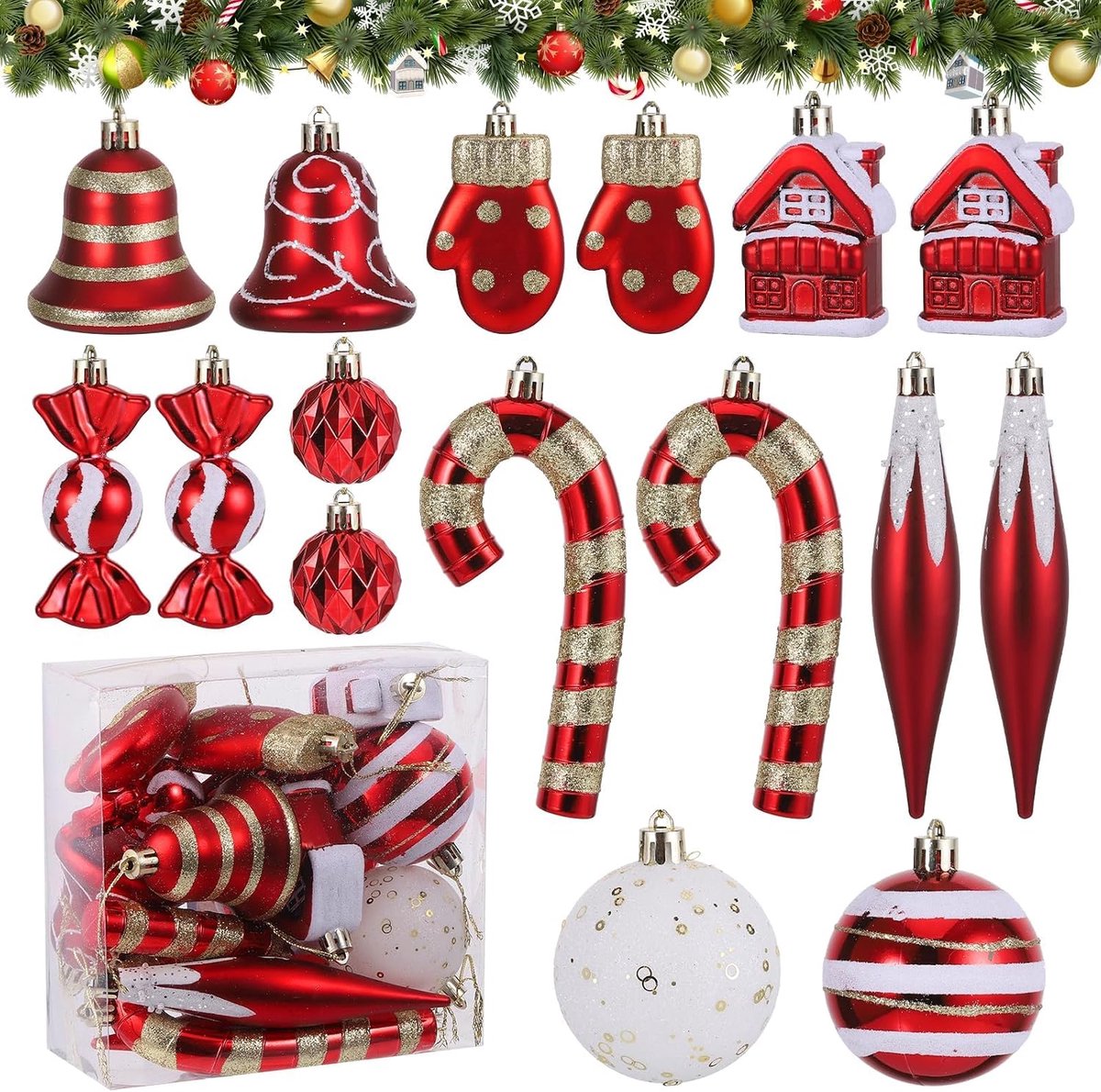Kerstballen set 16 stuks - Rood, goud en wit - Shatterproof kerstdecoratie - Unieke vormen voor een feestelijke boom - ShopVlot
