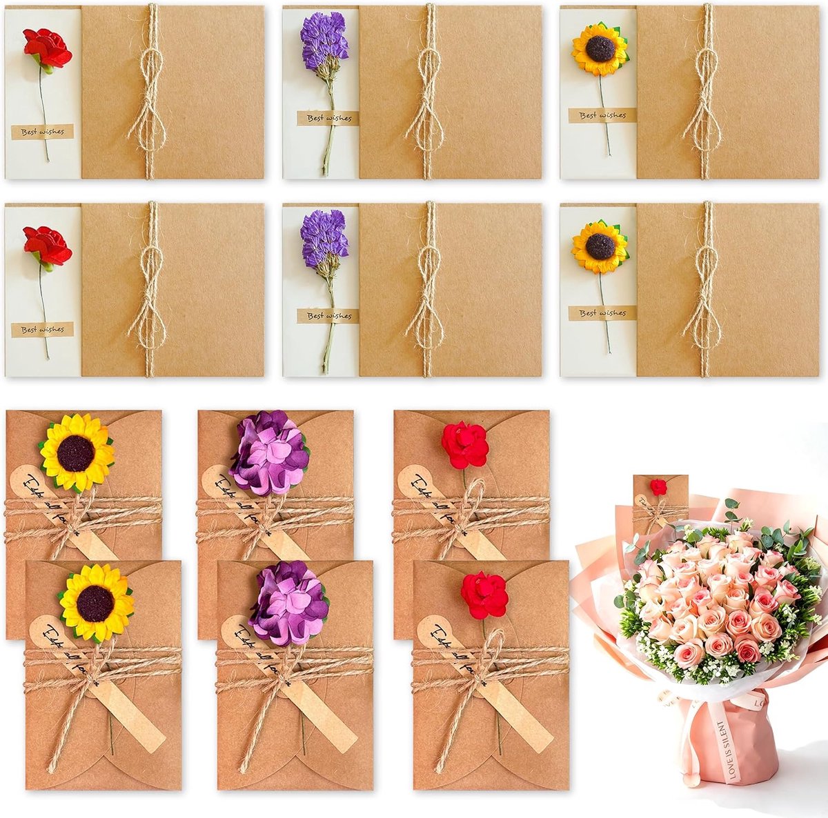 Wenskaart met gedroogde bloemen - 12 stuks handgemaakt - kraftpapier met envelop - persoonlijk voor verjaardag - ShopVlot