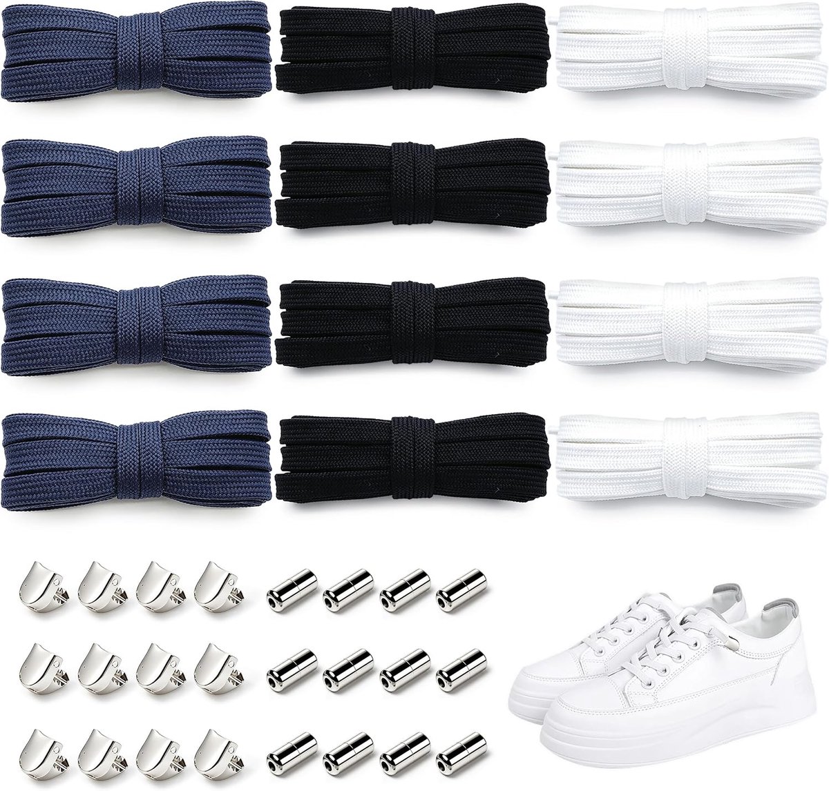 Elastische Veters zonder Strikken - 12 Paar in 3 Kleuren - Metalen Sluiting - Perfect voor Sneakers en Hardloopschoenen - ShopVlot