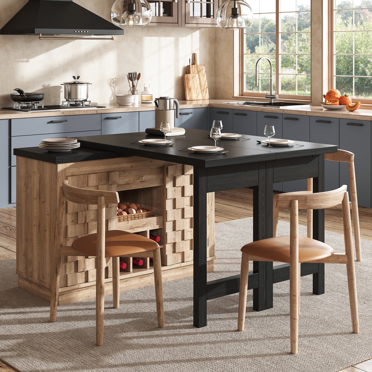 OKWISH Keukenkast - 360 Graden Draaibaar Uitschuifbaar Ontwerp - Keukeneiland en Zijkast - MDF Houtlook - 120-197 x 40 x 74,2 cm