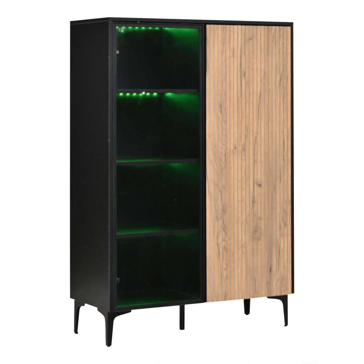 OKWISH Vitrinekast - Met RGB Ledverlichting en 2 Deuren - Voor Woonkamer Hal of Eetkamer - MDF en Glas Zwart Naturel - 90x40x135 cm
