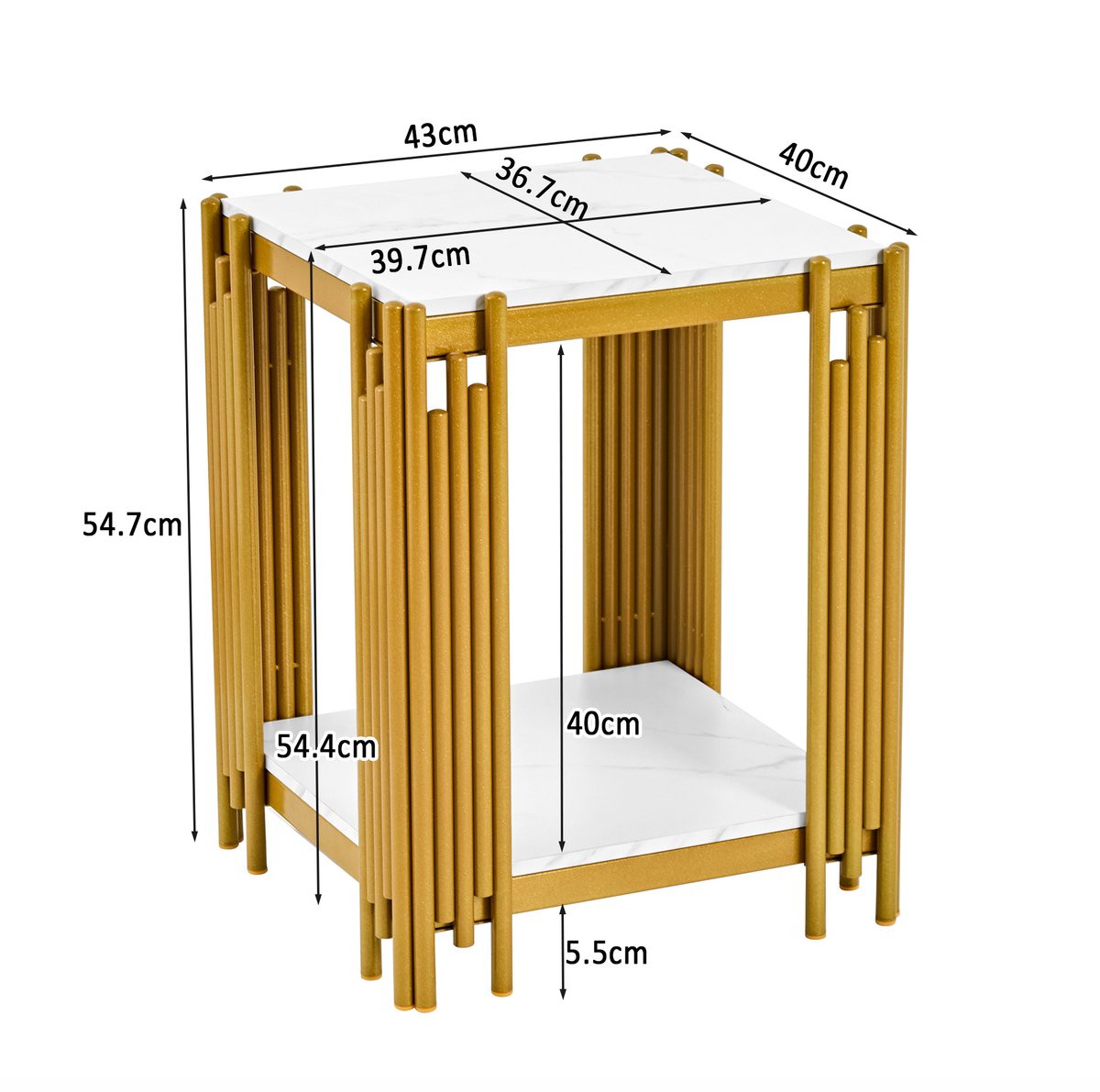 OKWISH Bedtafel - 2 Etages Met Open Opbergruimte - Slaapkamer Woonkamer Hal - MDF En Metaal Wit Goud - 43 x 40 x 54,7 cm