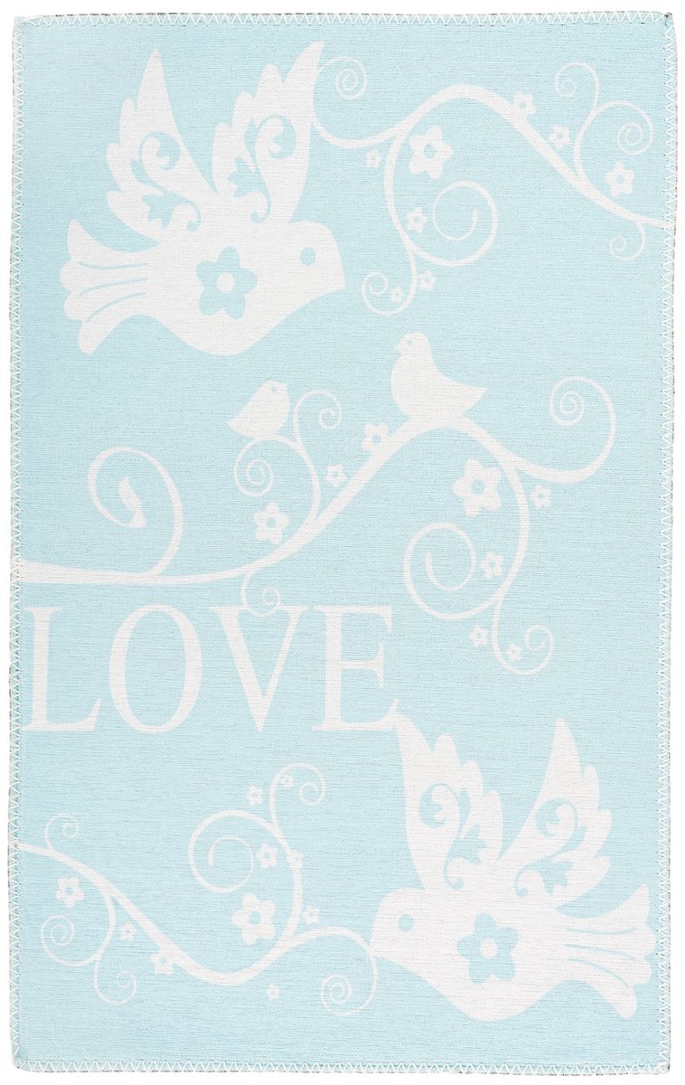 Padiro laagpolig kindervloerkleed 120 x 180 cm - mint - met vogels / love kindermotief - geschikt voor kinderkamer en vloerverwarming - van polyester