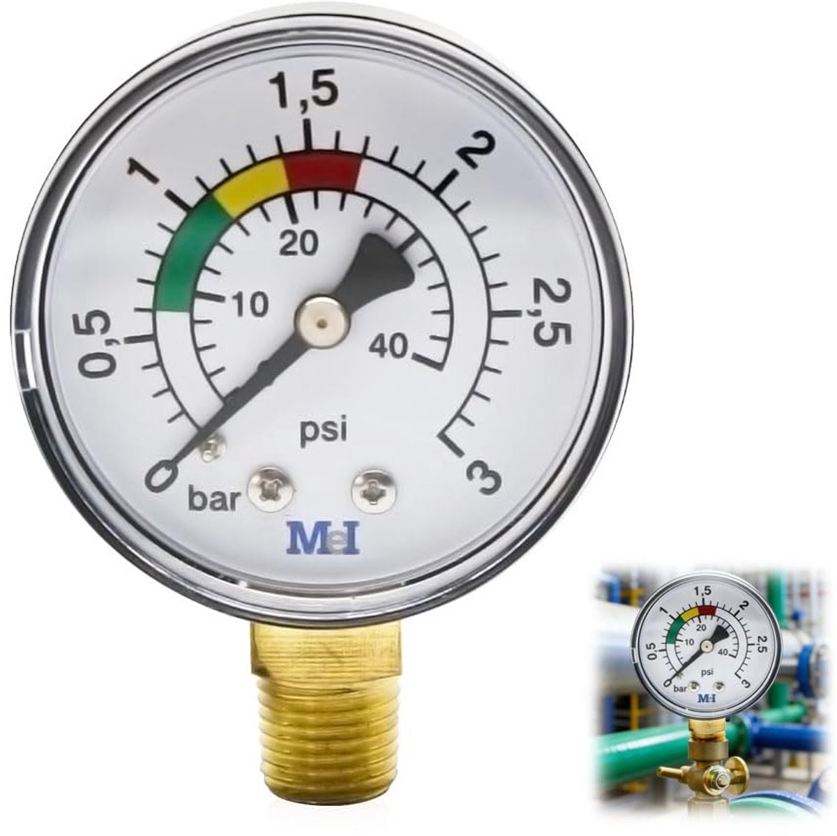 Drukmeter waterdruk 0-3 bar - 1/4 inch aansluiting - 50 mm diameter - ideaal voor zwembadfilter en pomp - ShopVlot