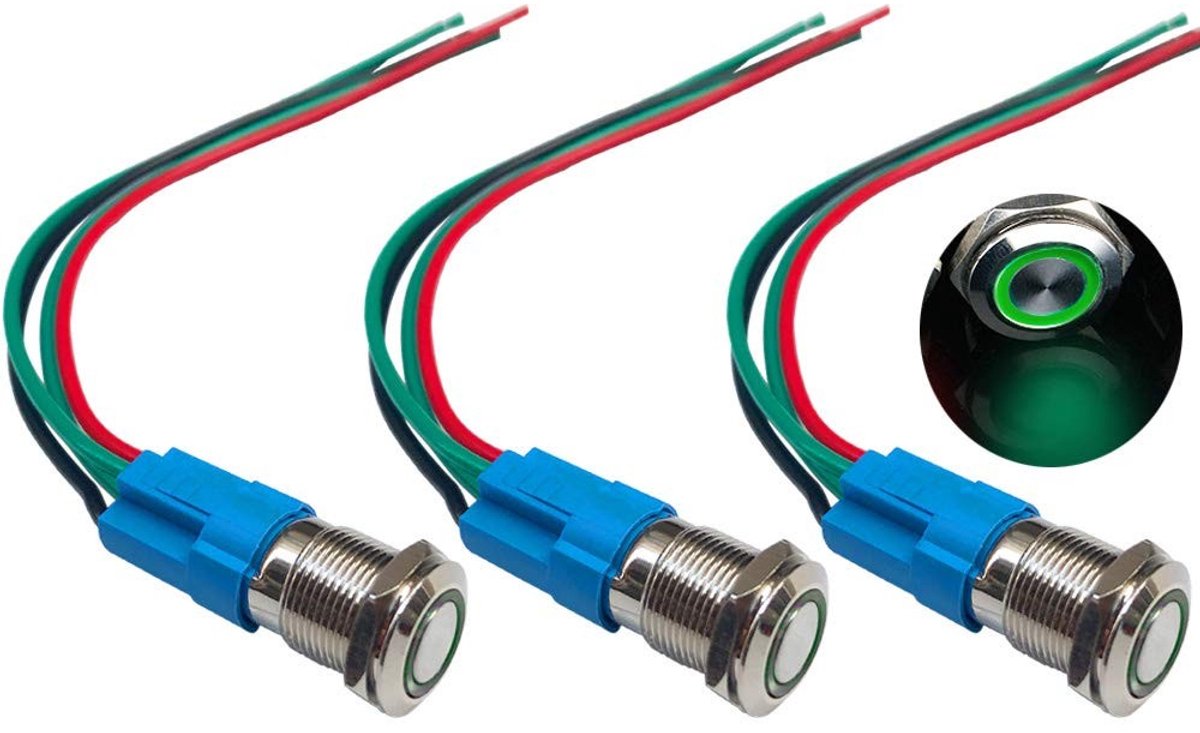 Solidchoice - 3 Stuks Momentary Pushbutton Switch met Groene LED voor Auto en Elektronische Toepassingen