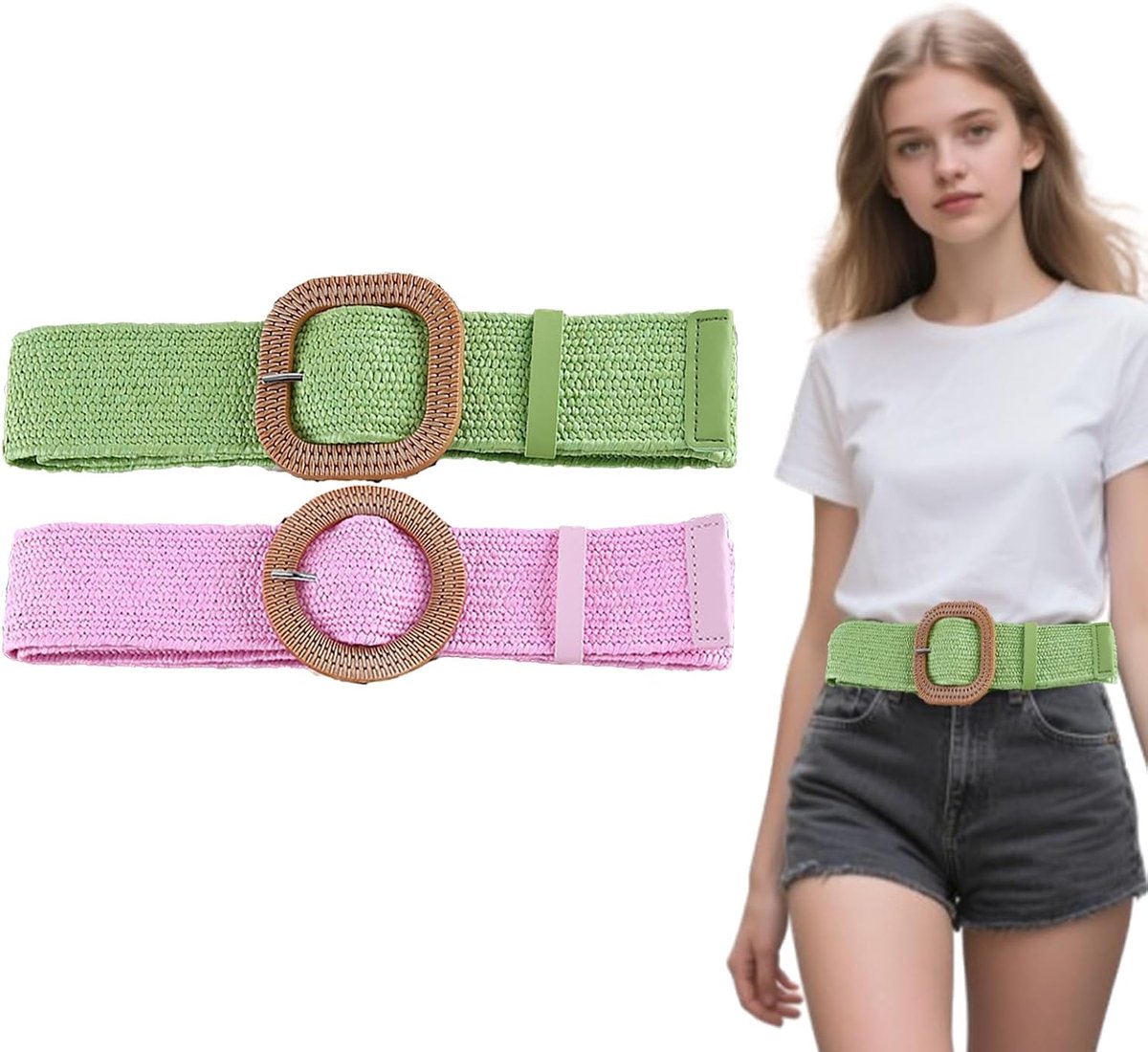 Straw Woven Elastische Tailleband - 2pcs Set in Groen en Roze - Boho Vrouwen Riem - ShopVlot