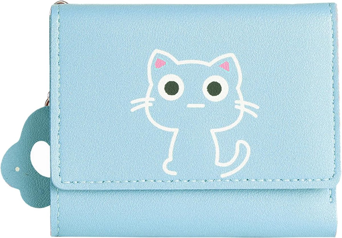 Damesportemonnee 11 x 2 x 9 cm - Blauwe kat - Met sleutelhanger - Perfect voor onderweg - ShopVlot