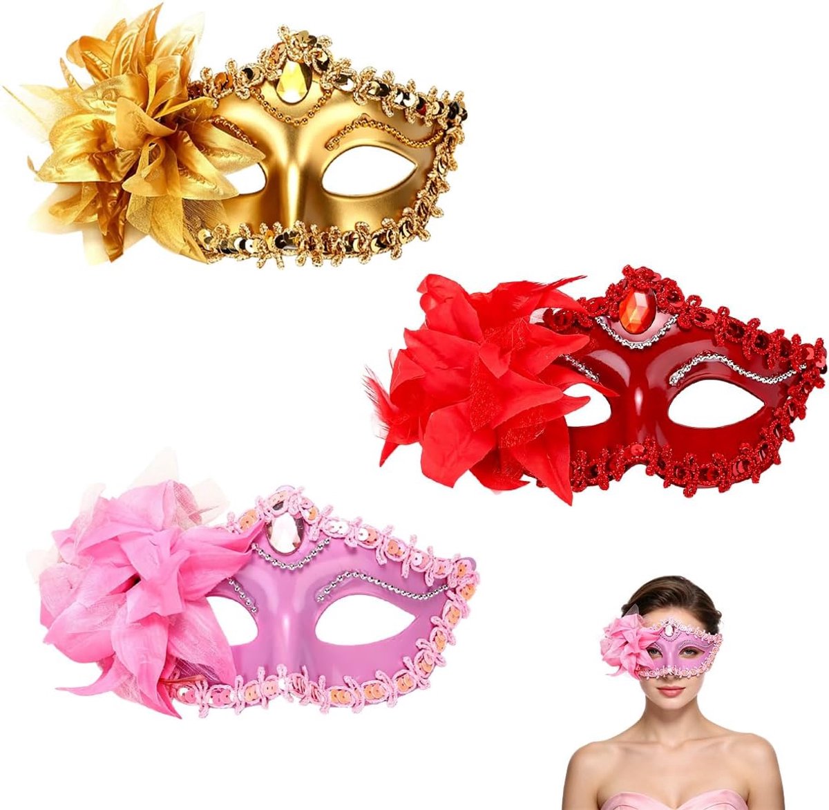 Set van 3 Venetiaanse maskers - goud, rood, roze - met bloemen en kant - voor carnaval - ShopVlot