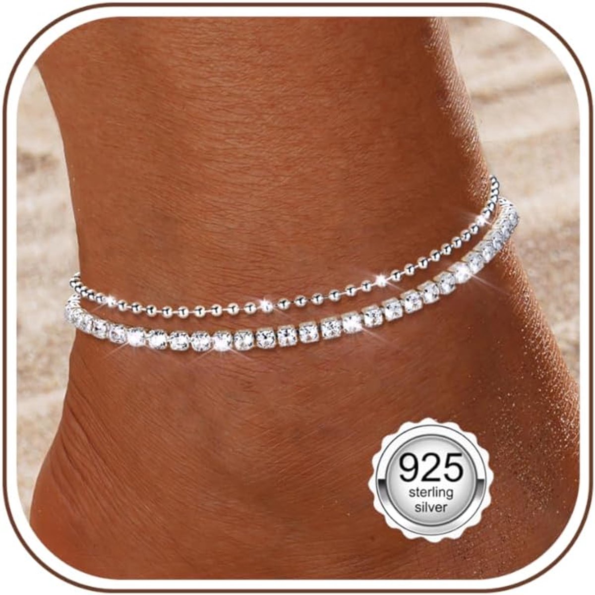 Anklet dames 925 sterling zilver - verstelbare elegante zilveren kralen - sprankelende CZ hart - perfecte strandjuwelen - ShopVlot