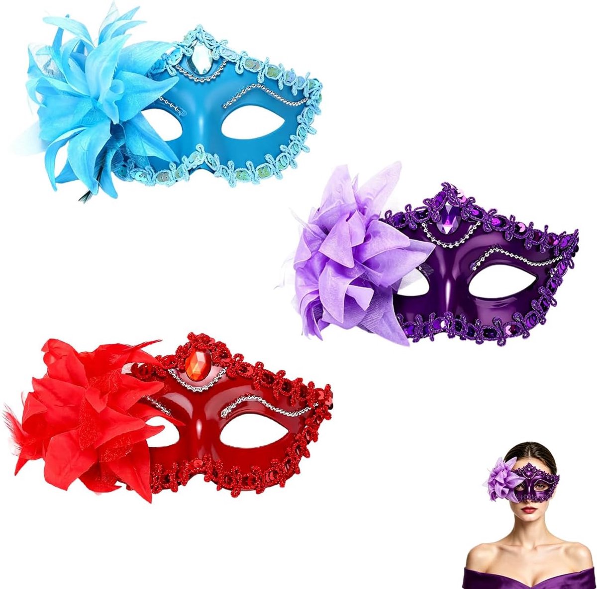 Set van 3 Venetiaanse maskers - halve gezichtsmaskers - blauw paars rood met bloemen en kant - ShopVlot