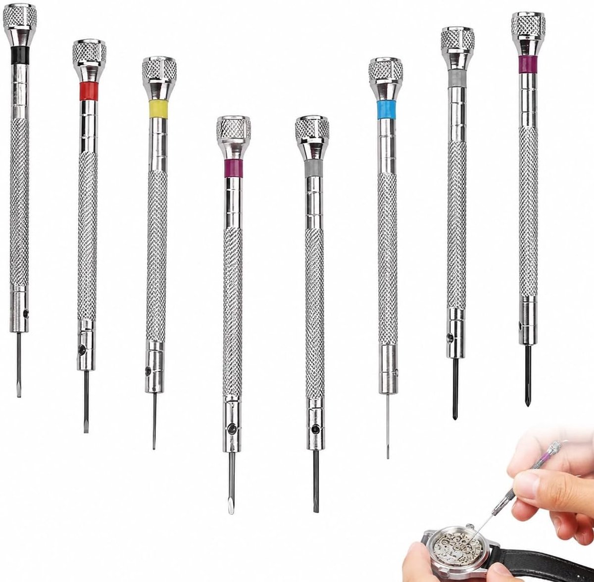 Horlogemakers schroevendraaierset 8-delig - precisie 0,6-1,6 mm - kleurgecodeerd - ideaal voor horloges en elektronica - ShopVlot