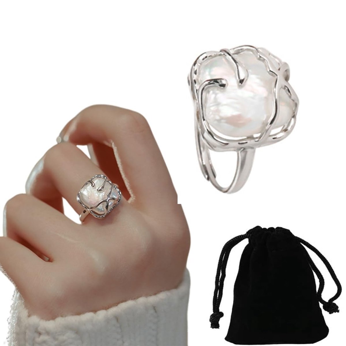 Solidchoice - Verstelbare Zilveren Ring met Onregelmatige Parel