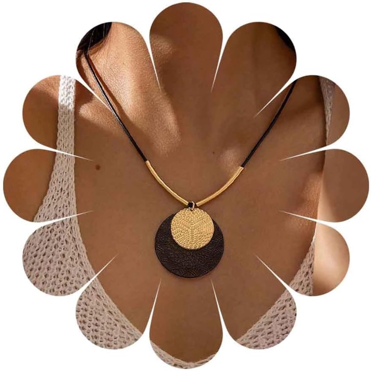 Boho ketting met zwarte leren schijf - geslagen touwketting - grote cirkel - unieke filigree stijl - ShopVlot