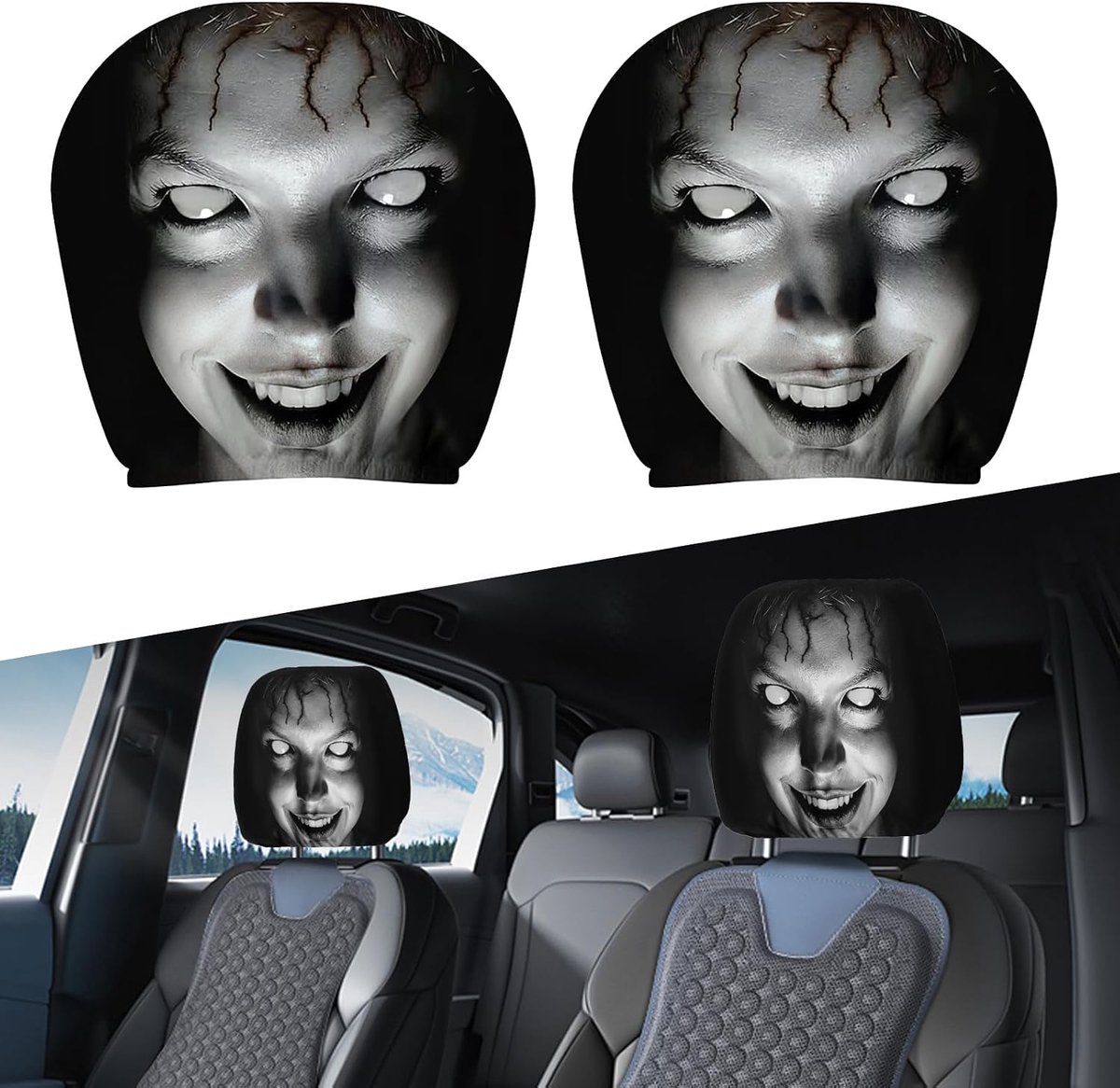 Autostoelhoezen Horror Ghost Face - Dubbelzijdig bedrukt - Elastisch universeel - Creëer een griezelige sfeer - ShopVlot