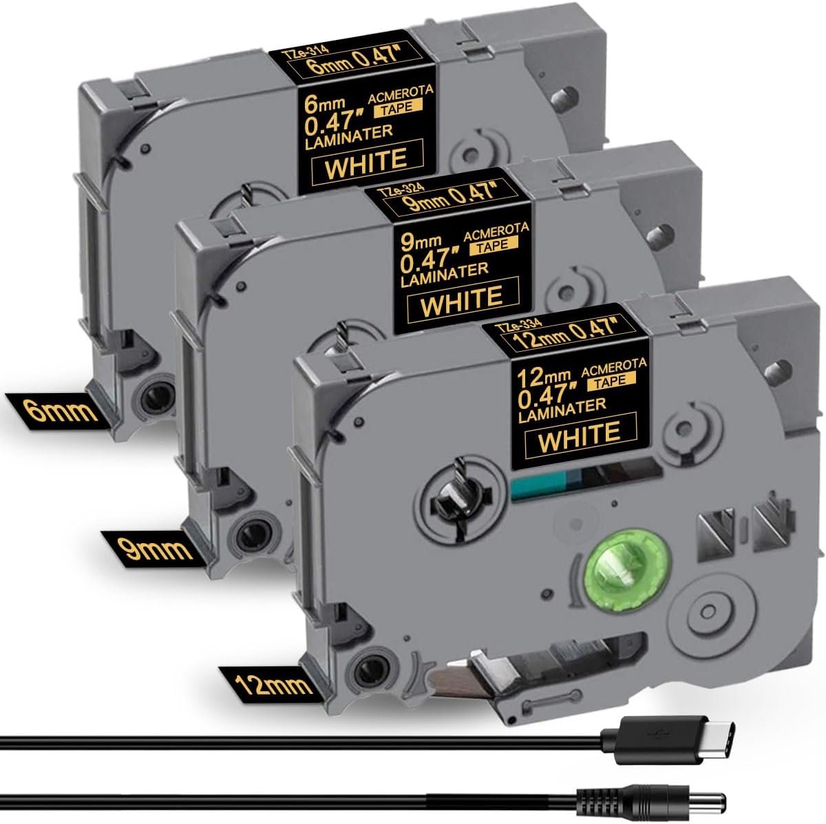 TZe-334 TZe-324 TZe-314 12/9/6mm x 8m, replaces Brother TZe-334, laminated gold on black, for Brother P-Touch PT-H110 - ShopVlot