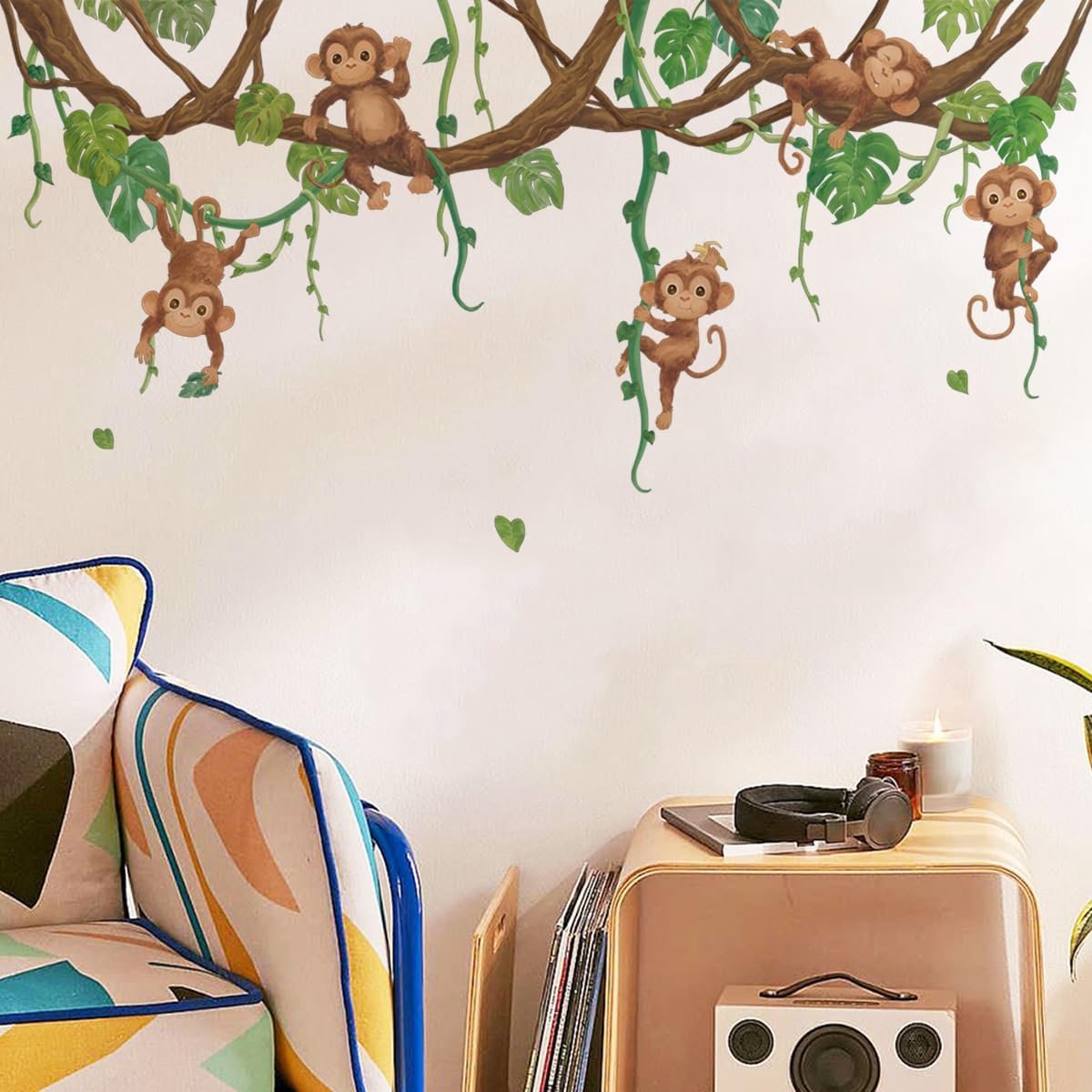 Muurstickers jungle aap - palmblad vinyl - dieren thema - eenvoudig aan te brengen - ShopVlot