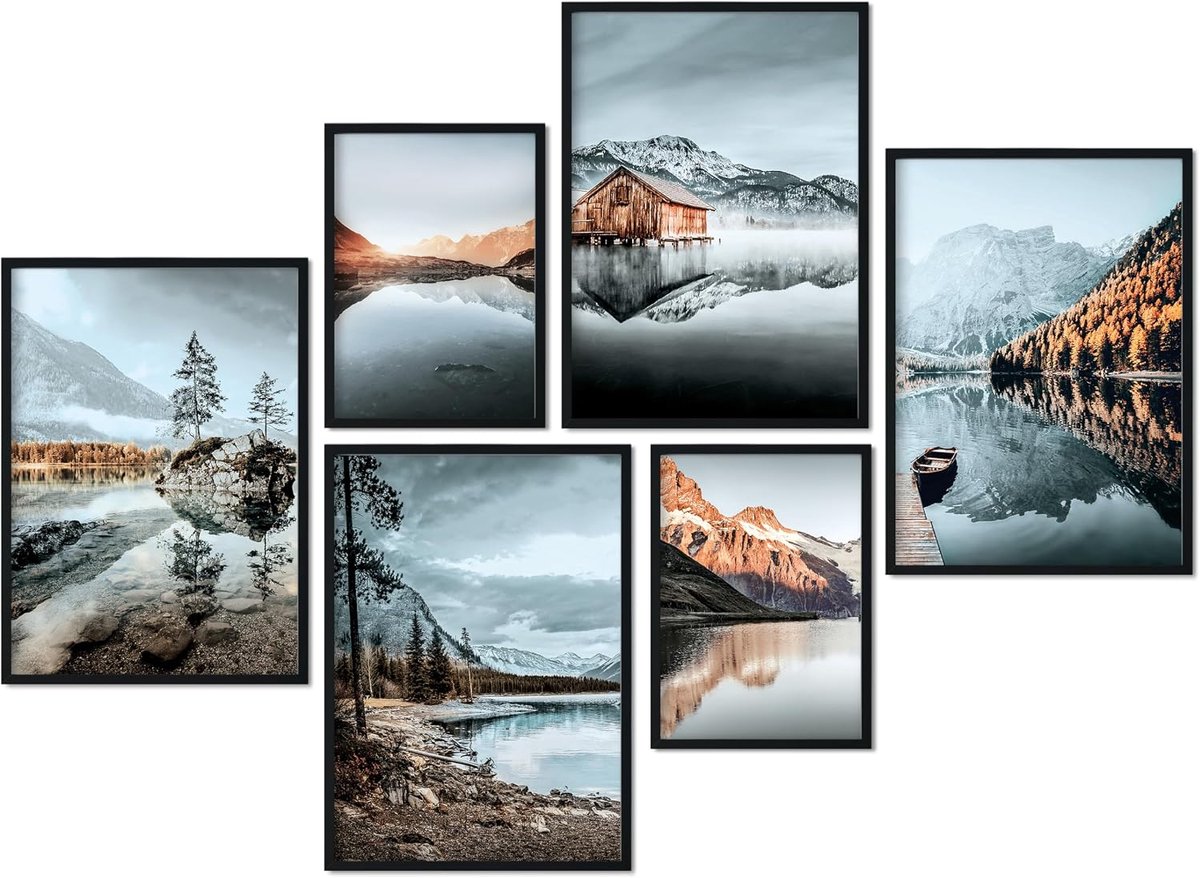 Wanddecoratie poster set - 4x A3 + 2x A4 - collagemuur met bergen en meren - sfeervolle accenten voor je woonkamer - ShopVlot