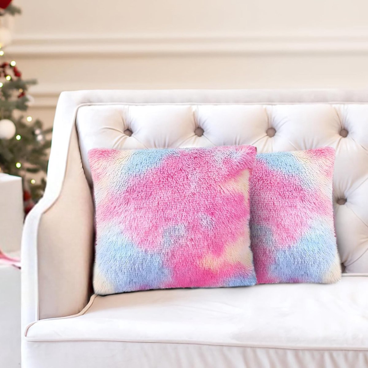 Set van 2 Cuddly Kussens van Neppels, Pluche Kussens voor Bank en Stoel, Fluffy Kussenhoezen voor Woonkamer (Regenboog, 45 x 45 cm)